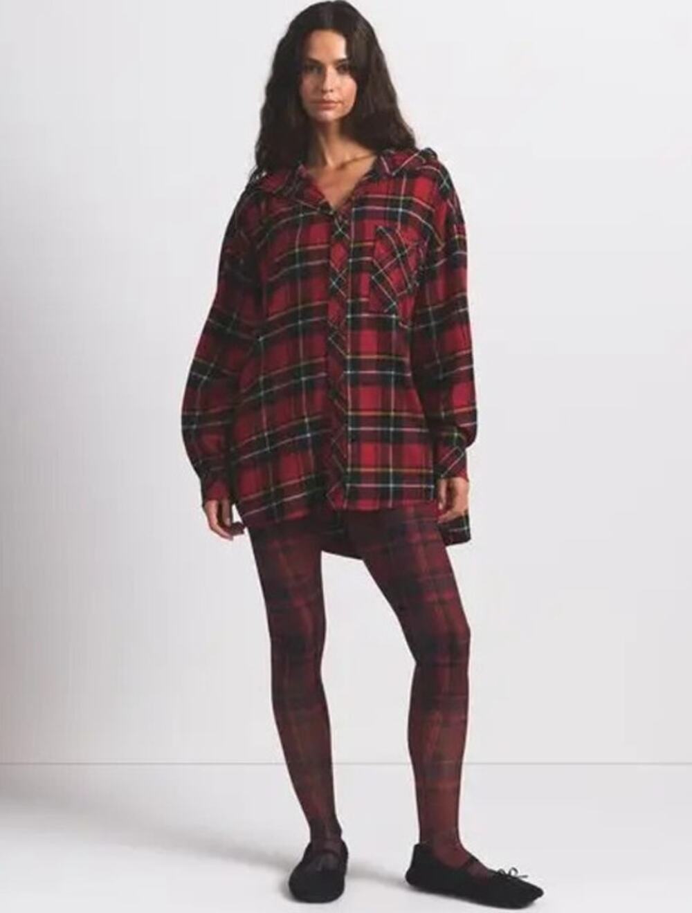 SKIMS FLANNEL SLEEP Hooded Button Down Shirt - Brick Holiday Plaid Size M #1597